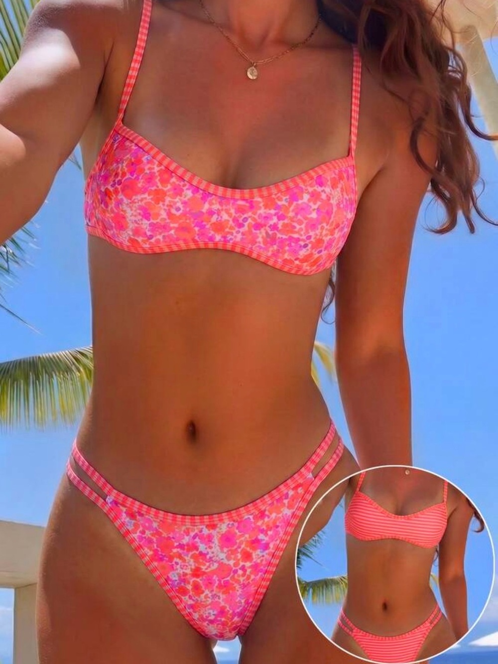 SHEIN Reversible Pink Floral/Stripes Bikini